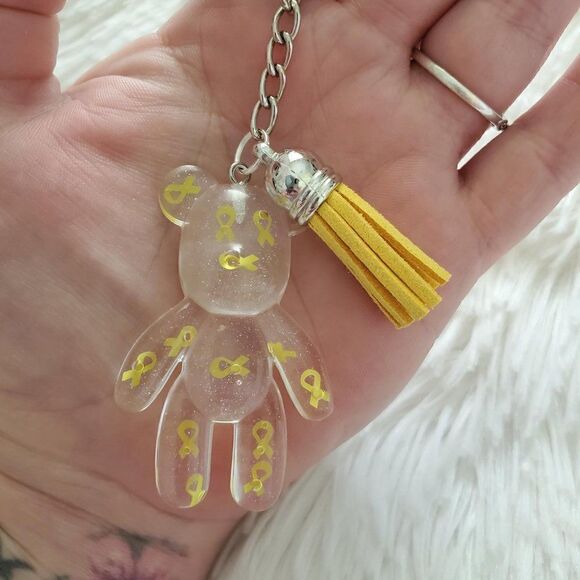 Yellow Awareness Ribbon Bear Tassel Keychain - Picture 1 of 8